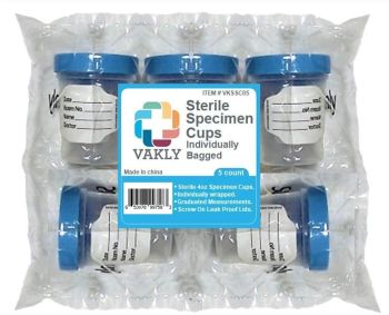 Vakly Sterile Specimen Cups Individually Bagged with Screw On Lids