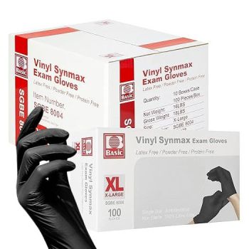 Basic Black Vinyl Exam Gloves – Powder & Latex Free, Synmax, 100/Box, 10 Boxes/Case