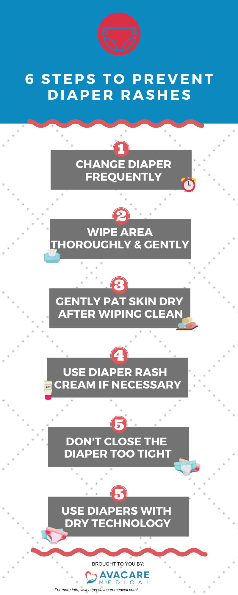 6 STEPS TO PREVENT DIAPER RASHES: 1. Change diaper frequently; 2. Wipe area thoroughly & gently; 3. Gently pat skin dry after wiping clean; 4. Use diaper rash cream if necessary; 5. Don't close the diaper too tight; 6. Use diapers with dry technology