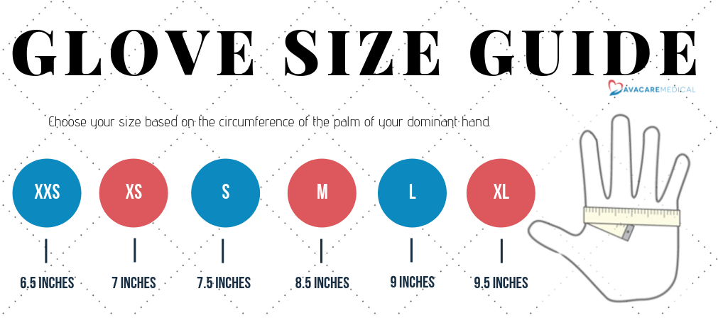 Glove Size Guide: Choose your size based on the circumference of the palm of your dominant hand. XX Small: 6.5 inches, Extra Small: 7 inches, Small: 7.5 inches, Medium: 8.5 inches, Large: 9 inches, Extra Large: 9.5 inches or more