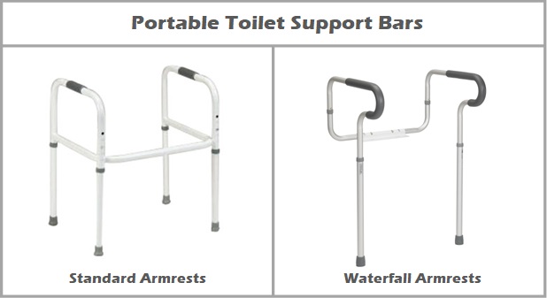 Portable Toilet Support Bars with Standard Armrests vs. Waterfall Armrests