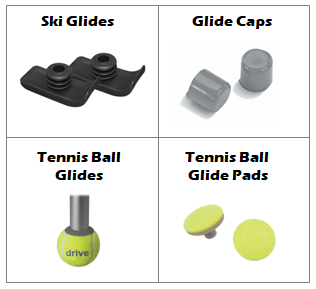 Adult Walker Glide Types: ski glides, glide caps, tennis ball glides, tennis ball glide pads